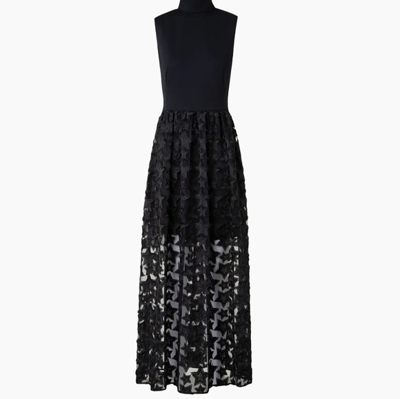 Akris Punto Black 3D Mixed Media Tulle Star Embroidered Maxi Dress Size 2